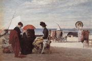 Jules Aviat Beach Scene,Trouville Sweden oil painting artist